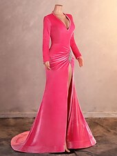 preiswerte Rosa-Meerjungfrau/Trompete Abendkleid elegantes Kleid Abend Party Verlobung Hofschleppe Langarm V-Ausschnitt Samt mit Schlitz Applikationen 2025