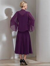 preiswerte Mit Jacke-Zweiteiliges A-Linien Kleid Anzug Brautmutterkleid Elegantes Vintage Funkeln  Strahlen V-Ausschnitt Teelanges Chiffon 3/4-Länge Ärmel mit Falten Pailletten