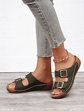 cheap Vacation Sandals-Women&#039;s Dark Blue Double Buckle Slip-On Sandals with Cushioned Sole, Casual Summer Shoes for Beach and Everyday Wear