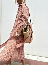 levne Boho šaty-Dámské Maxi šaty Volnočasové šaty Swingové šaty Boho šaty Na běžné nošení Denní Běžný Geometrický 3/4 délka rukávu Košilový límec Rubínově červená Šedá Léto Jaro Podzim