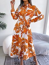 preiswerte Kleider für die Ferien-Damen Maxidress blusenkleid Casual kleid A Linie Kleid Stilvoll Brautkleider schlicht Urlaub Täglich Regular Fit Blumen Langarm Hemdkragen Blau Orange Frühling Herbst