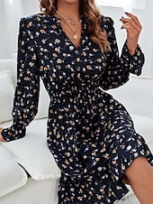 preiswerte Lässige Blumenkleider-Damen Normal Midikleid Chiffon-Kleid Elegant Vintage Täglich Verabredung Regular Fit Blumen Graphic Langarm V Ausschnitt Schwarz Marineblau Blau Frühling Herbst