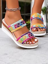 cheap Vacation Sandals-Women&#039;s Bohemian Wedge Sandals – Colorful Embroidered Slip-On Platform Shoes for Summer, Beach, and Casual Wear