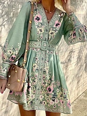 baratos Vestidos Florais Elegantes-Mulheres Minivestido Vestido casual Vestidos Boho Chic Vestido Boho Elegante Boêmia Estilo bonito Férias Diário Praia Ajuste Largo Gráfico Manga Longa Decote V Verde Claro Azul Céu Roxo Primavera