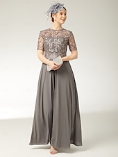 tanie Kombinezony mamy-Kombinezony dla matki panny młodej Elegancka sukienka w kształcie diamentu Długość do kostek Elastyczny Chiffon krótki rękaw z koronkowymi plisami