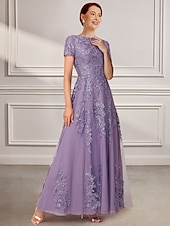 economico Lunghezza del pavimento-Abito a A Line Madre della Sposa Abito Elegante Collo gioiello Lunghezza a terra Chiffon Pizzo Mezza manica con Pizzo Colore solido