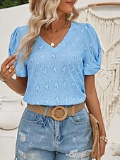 economico Top in Pizzo-Top Eleganti in Pizzo per Donna con Occhielli Maglietta di Colore Solido Regolare Maniche Corte Collo a V Regolare Fit Giornaliero Elegante Casual Romantico Petite Top Estivi da Vacanza Rosa Blu