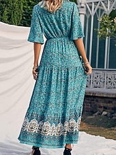 levne Boho šaty-Dámské Maxi šaty Volnočasové šaty Swingové šaty Áčkové šaty Boho šaty Na běžné nošení Denní Běžný Květinový Poloviční rukáv Do V Žlutá Rubínově červená Vodní modrá Léto Jaro Podzim