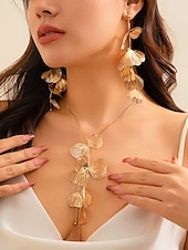 cheap Women&#039;s Necklace-Gold Petal Pendant Necklace and Drop Earrings Set – Elegant Floral-Inspired Jewelry for Women, Perfect for Weddings, Parties, and Formal Events