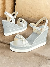 preiswerte Lässige Sandalen-Silberne Damen-Keilsandaletten mit Perlenverzierung und Fesselriemchen, elegante Plateauschuhe für Hochzeiten, Partys und besondere Anlässe