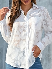 billige Blonder topper-Kvinners hvite elegante blonde topper øyelet bluse uformell ensfarget vanlig topper lang erm skjortekrage knapper lomme vanlig passform daglig romantiske petite topper sommerferie slitasje hvit gul