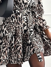 billige Elegante blomsterkjoler-kvinners leopard skjorte krage mini kjole langermet sommer våren