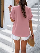 preiswerte Damen Arbeitsoberteile-Damen Hemd Bluse Feste Farbe Basic Brautkleider schlicht Kurzarm Gekerbter Hals Normale Oberteile Täglich Rüsche Rosa Blau Khaki Sommer