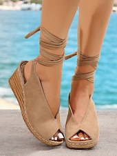 cheap Vacation Sandals-Women&#039;s Khaki Faux Suede Wedge Sandals with Peep-Toe and Wraparound Ankle Straps - Comfortable Summer Shoes for Casual and Beach Wear