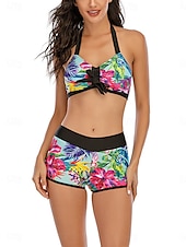 billiga Bikiniset-Dam Badkläder Bikini 2 st Pojkeben Baddräkt Öppen rygg Smal Semester Standkläder Grafisk Halterneck Ärmlös Baddräkter