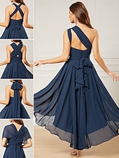 billiga Bröllopsgästklänningar-A-linjeformade bröllopsgästklänningar elegant klänning formell te-längd ärmlös en axel höst bröllopsgäst chiffong med rynkor