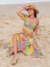 olcso Vakációs ruhák-női alkalmi ruha grafikus geometriai patchwork print pánt nélküli puffos ujjú hosszú ruha maxi ruha alkalmi otthoni munka rövid ujjú nyár ősz