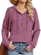 baratos Moletons e Sweatshirts Texturizados-Mulheres Moletom com textura Pulôver Moletom Com Capuz Tecido Casual Manga Longa Com Capuz Tops regulares Rua Dia a Dia Botões Azul Fúcsia Cinzento Primavera Outono