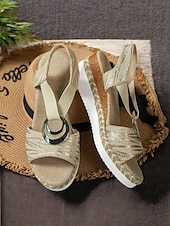 preiswerte Lässige Sandalen-Damen-Espadrille-Keilsandalen im Boho-Stil mit metallischem Ringdetail – Riemchen-Sommerschuhe für Freizeit und Strand
