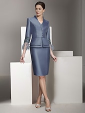 cheap With Jacket-Two Piece Sheath / Column Dress Suit Mother of the Bride Dress Elegant Vintage V Neck Knee Length Satin 3/4 Length Sleeve with Feather Beading Derby Dress Race Day Dress 2025