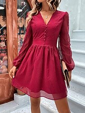 abordables Robes de travail-mini robe à carreaux à col en V pour femme à manches longues été printemps
