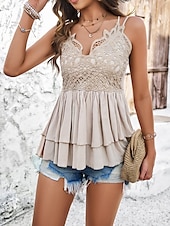 preiswerte Tank-Shirts &amp; kurze Jäckchen für Damen-Damen Camisole Tanktop Unifarben Lässig Ärmellos Träger reguläre Tops Alltag Spitze Patchwork Weiß Armeegrün Khaki Sommer