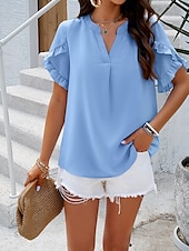 preiswerte Damen Arbeitsoberteile-Damen Hemd Bluse Feste Farbe Basic Brautkleider schlicht Kurzarm Gekerbter Hals Normale Oberteile Täglich Rüsche Rosa Blau Khaki Sommer