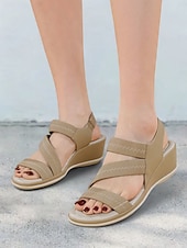 クッションソール付きレディースグリーン伸縮性ストラップウェッジサンダル - カジュアルウェアや旅行に最適な快適な夏用シューズ お買い得  快適なサンダル-クッションソール付きレディースグリーン伸縮性ストラップウェッジサンダル - カジュアルウェアや旅行に最適な快適な夏用シューズ