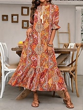 cheap Vacation Boho Dress-Women's Maxi Dress Casual Dress Boho Dress Cute Stylish Casual Vacation Daily Loose Fit Graphic 3/4 Length Sleeve V Neck Red Blue Orange Summer Spring Fall