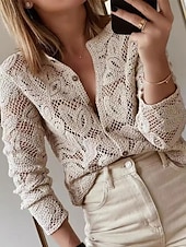 billige Blonder topper-Dame Bluse Helfarge Grunnleggende Fritid Langermet Crew-hals Vanlige topper Daglig Uthult Knapper Kakifarget Høst Vinter