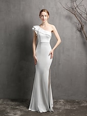 abordables BLANC-Robe de Soirée Sirène  Trompette Élégante Robe Formelle Mariage Longueur de Sol Sans Manches Une Épaule Crêpe Extensible avec Perles Volants 2025