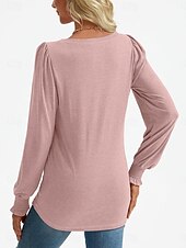 cheap Plain tee-Women&#039;s Shirt Blouse Solid Color Basic Casual Long Sleeve V Neck Regular Tops Daily Ruched Smocked Pink Blue Green Summer Spring