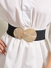 cheap Women&#039;s Belt-Women&#039;s Elastic Waist Belt with Gold Circle Buckle - Fashionable Wide Stretch Belt for Dresses, Casual and Formal Occasions