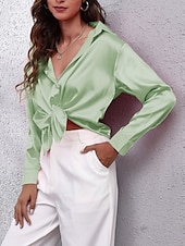economico Top eleganti-Per donna Camicia Elegant Elegante Raso/Satin Tinta unica Affari Moderno Casual Manica Lunga Colletto a Camicia Top Regolari Lavoro Abbigliamento Formale Bottoni Giallo Rosa Vino Blu Verde Estate
