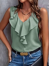abordables Débardeurs et camisoles femme-Débardeur femme sans manches uni basique décontracté à col en V haut régulier en volants noir vert clair fuchsia été printemps