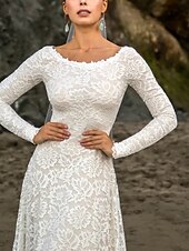 preiswerte Hochzeitskleider-Hochzeitskleider A-Linie Bootsausschnitt Lange Ärmel Gerichtstraining Spitzenbrautkleider mit Raffung einfarbig