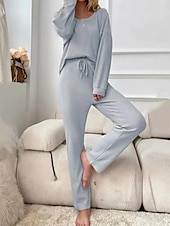 cheap Women's Sleep &amp; Lounge-Women's Pajamas Loungewear 2 Pieces Casual Pure Color Patchwork Buttons T Shirt Pant Home Long Sleeve U Neck Black Pink Light Grey Spring Fall Winter Tailored Fit