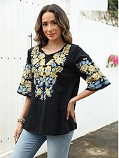 preiswerte Boho Tops-Damen Hemd Feste Farbe Blumen Brautkleider schlicht Boho 3/4 Ärmel Ellbogenlange Ärmel Rundhalsausschnitt Normale Oberteile Urlaub Party Täglich Bestickt Schwarz Herbst Frühling Sommer