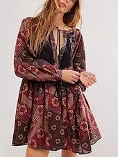 billiga Casual blommiga klänningar-Dam Mini klänning Vardagsklänning Boho-klänning Etnisk Ledigt Semester Dagligen Normal Blommig Långärmad V-hals Vin Blå Grön Vår Höst