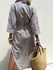 levne Boho šaty-Dámské Maxi šaty Volnočasové šaty Swingové šaty Boho šaty Na běžné nošení Denní Běžný Geometrický 3/4 délka rukávu Košilový límec Rubínově červená Šedá Léto Jaro Podzim