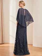 abordables Longueur du plancher-robe trapèze robe mère de la mariée élégante scintillante&amp;amp;Robe longue en mousseline de soie à col en V et manches courtes avec paillettes en dentelle 2025