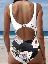 billiga One-piece-baddräkter-Dam Badkläder En bit Monokini Baddräkt Öppen rygg Magkontroll Hög midja Smal Semester Standkläder Blommig U-hals Ärmlös Baddräkter
