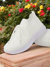 preiswerte Damen-Sneaker-weiße, leichte Strick-Schnürsneaker für Damen – atmungsaktive Sportschuhe zum Laufen, Gehen und für den Komfort im Alltag