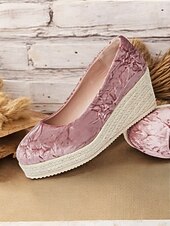 cheap Platform Heels-Women&#039;s Pink Velvet Espadrille Wedge Shoes, Casual Slip-On Platform Flats for Summer and Daily Wear