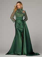 preiswerte GRÜN-Meerjungfrau Abendkleid Elegantes Kleid Formelle Sweep  Brush Train Lange Ärmel Hoher Hals Satin mit Perlen Pailletten