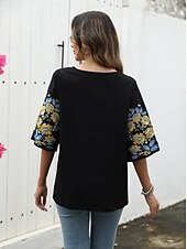 preiswerte Boho Tops-Damen Hemd Feste Farbe Blumen Brautkleider schlicht Boho 3/4 Ärmel Ellbogenlange Ärmel Rundhalsausschnitt Normale Oberteile Urlaub Party Täglich Bestickt Schwarz Herbst Frühling Sommer