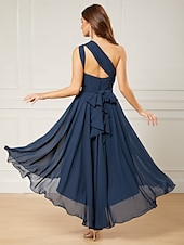 billiga Bröllopsgästklänningar-A-linjeformade bröllopsgästklänningar elegant klänning formell te-längd ärmlös en axel höst bröllopsgäst chiffong med rynkor