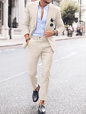 abordables Costumes décontractés-Costumes de mariage en lin pour hommes bleu ciel bleu foncé mode décontractée unis coupe ajustée 2 pièces à simple boutonnage un bouton