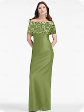 abordables VERT-Robe de Soirée Fourreau  Colonne Élégante Robe de Mariage Formelle Longueur de Sol Manches Courtes Hors Épaule Satin avec Paillettes Fente