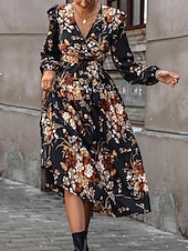 economico Abiti eleganti floreali-Per donna Vestito longuette Abito casual Vestito svasato Abito linea A Moda Informale Da mare Giornaliero Standard Floreale Manica lunga A V Nero Primavera Autunno